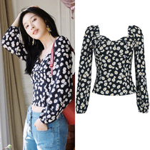 2020 Spring New Zhang Li with floral little Daisy shirt female French retro square collar slim short top