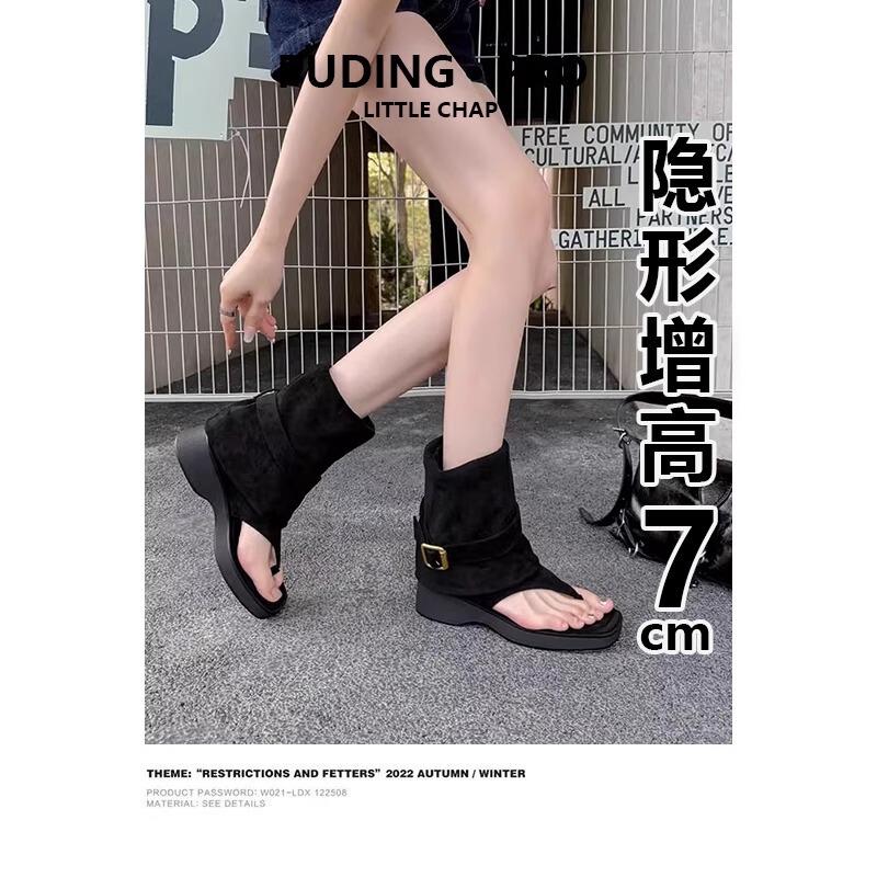 Cowhide Version ~ Retro Flip-Flops with Hidden Height Increase for Women, 2026 Summer New Style, Belt Buckle Short Boots, Sandals