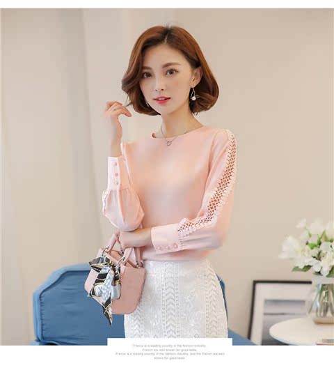 Áo voan nữ tay dài 2018 mùa thu mới Hàn Quốc phiên bản áo sơ mi cộc tay rộng size cổ tròn khoét cổ ren sơ mi đen nữ