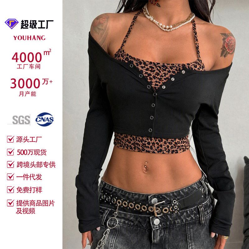 Cross-Border Shein Popular Women's Faux Two-Piece Leopard Print Tie-Up Sports T-Shirt Long-Sleeve Single-Breasted Crop Top Yoga Wear Cross-Border Shein Popular Women's Faux Two-Piece Leopard Print Tie-Up Sports T-Shirt Long-Sleeve Single-Breasted Crop Top Yoga Wear