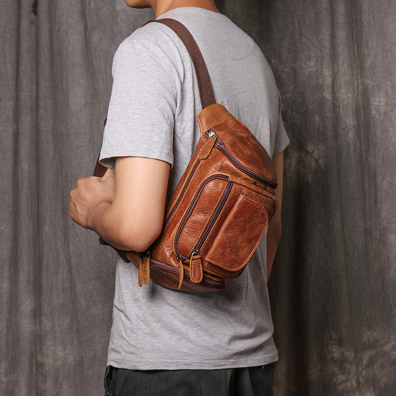 Retro Head Layer Bull Leather Chest Bag Trendy Casual Single Shoulder Bag Genuine and Versatile Cashier Purse for men and women