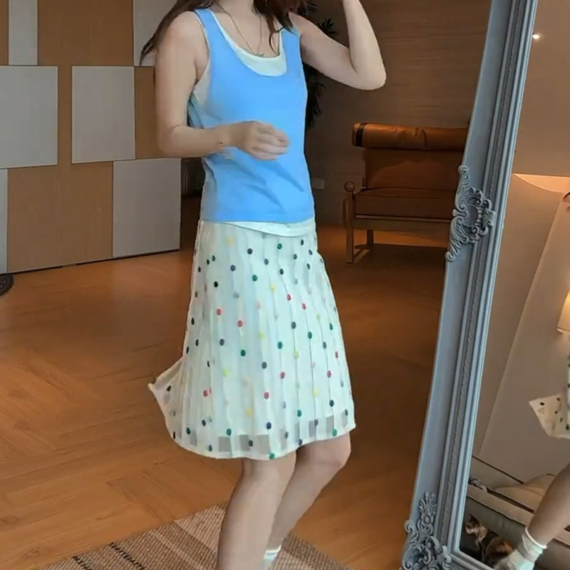 Spring and Summer Colorful Flowing Gauze Skirt, Colorful Polka Dot Skirt, Hollow-Out Mesh Design Straight Skirt, Slimming Short Skirt