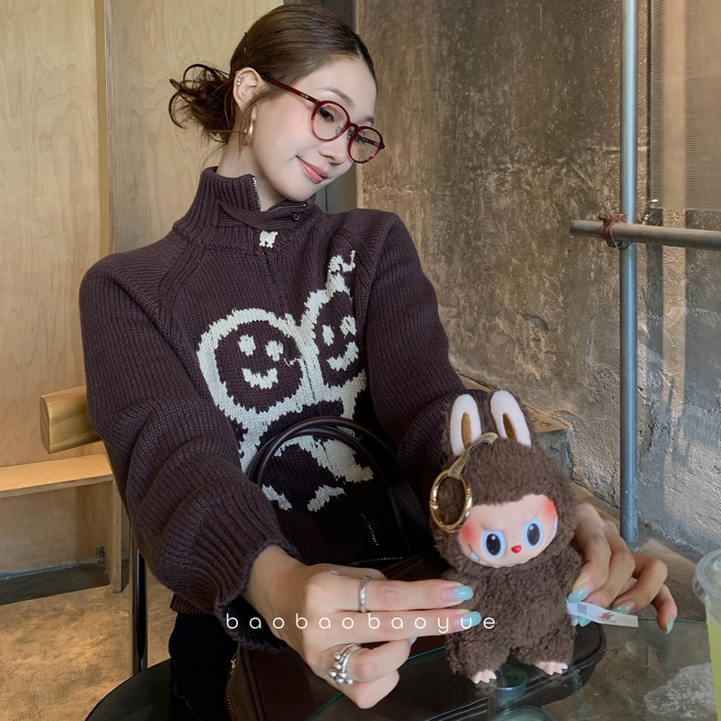 【Baobaobaoyue】Stickman Series Retro Half-Turtleneck Sweater Jacket for Women Autumn and Winter Knitted Top