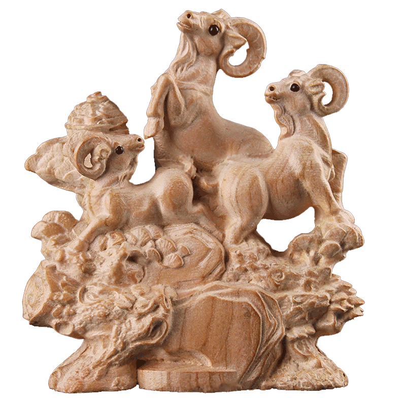 桃木三羊开泰摆件桃木原色木羊质木雕实木三阳开泰工艺品办公室