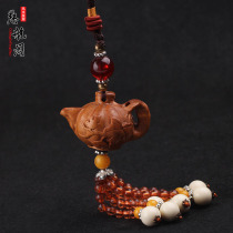 Peach Wood teapot pendant handlebar wood carving small teapot pumpkin pot carved piece writing play play bag hanging