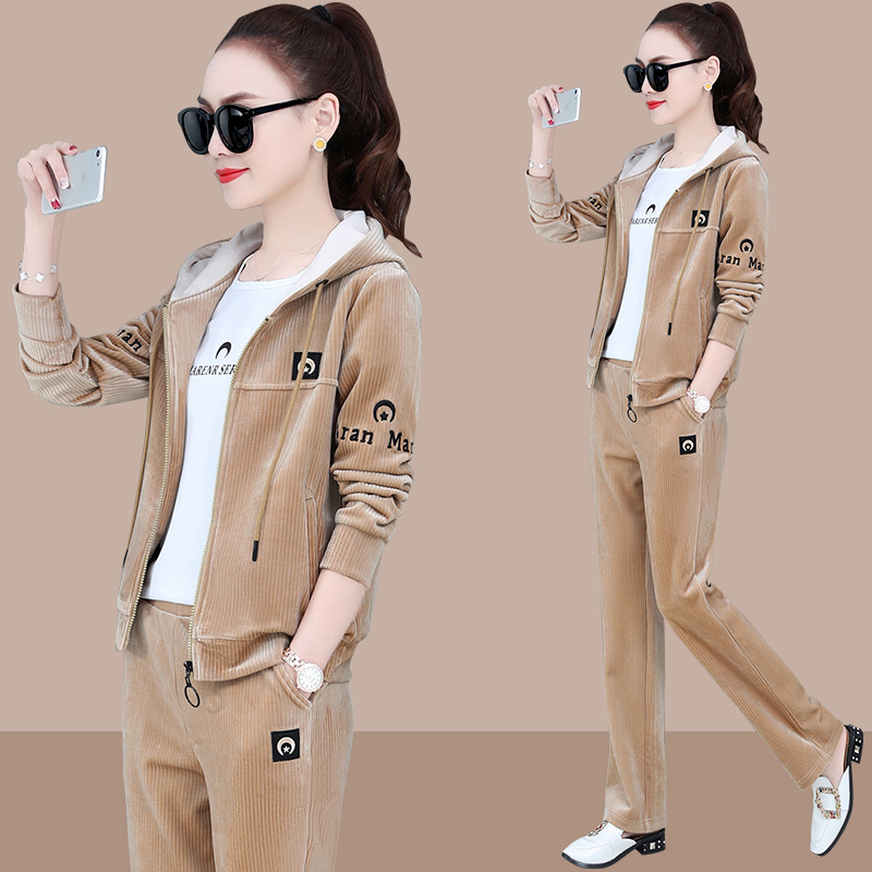 Corduroy set women's spring and autumn season 2022 new gold velvet sportswear temperament casual fashion sweatshirt three-piece set