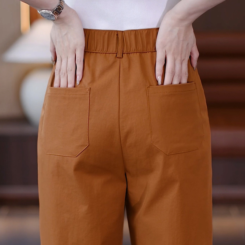 Summer Orange Ice Silk Harem Pants for Women, Thin Summer Pants for Petite Women, Stylish Nine-Point Elastic Waist Straight-Leg Pants