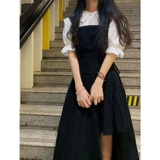 Платье, небольшой дизайнерский черный комплект, подтяжки, осеннее