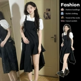 Платье, небольшой дизайнерский черный комплект, подтяжки, осеннее