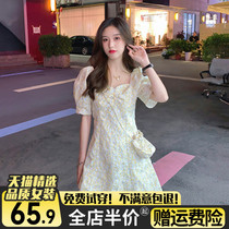 Broken floral dress with dress summer 2022 new spring dress French style square collar bubble sleeves small sub-long dress temperament high level