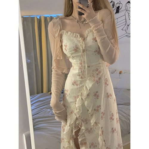 Летнее платье, весенняя длинная юбка, комплект, в цветочек, французский стиль, яркий броский стиль, изысканный стиль