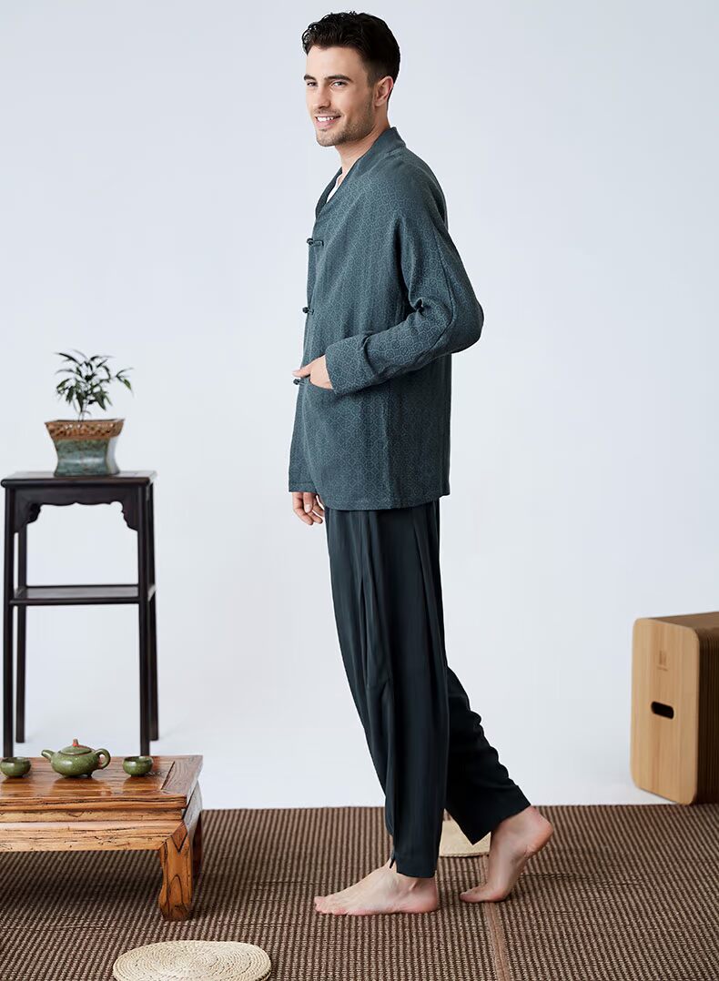 Hanmson / Yu Mingxin phục vụ nhà nam mùa xuân và mùa thu cotton và vải lanh kích thước lớn lỏng lẻo dài tay Trung Quốc đồ ngủ retro đơn nam đồ bộ thun lạnh
