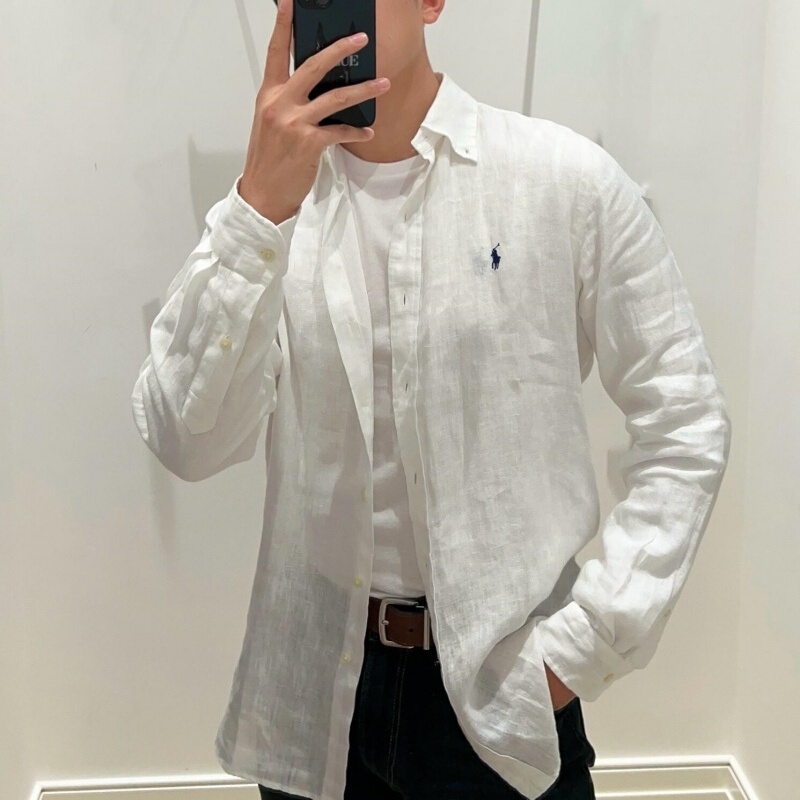 American-Style Ralph Lauren Linen Long-Sleeve Shirt for Men, Spring/Summer Model, Polo Collar, Embroidered Pony Logo, White Shirt