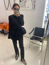 wxlstudio wrinkle design structure sense long sleeve small black skirt women waist thin paper man T-shirt dress