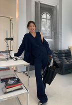 WXLSTUDIO 2021 spring new navy wool knit cardigan coat vest wide leg pants set