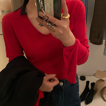 wxlstudio solid color T-shirt women 2021 spring new wild loose V neck long sleeve base shirt top