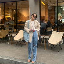 wxlstudio knee big hole jeans women spring and summer New loose high waist thin straight pants