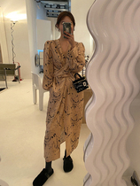 wxlstudio Brown cross belt dress women Spring 2021 New V-neck printed dress