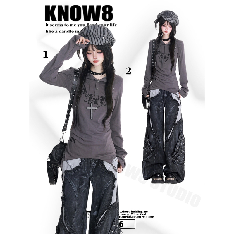 Know8 Light Asian Style Retro Spicy Girl Long-Sleeved T-Shirt for Women, Thin Dark Style Printed Slim-Fit Hooded Top