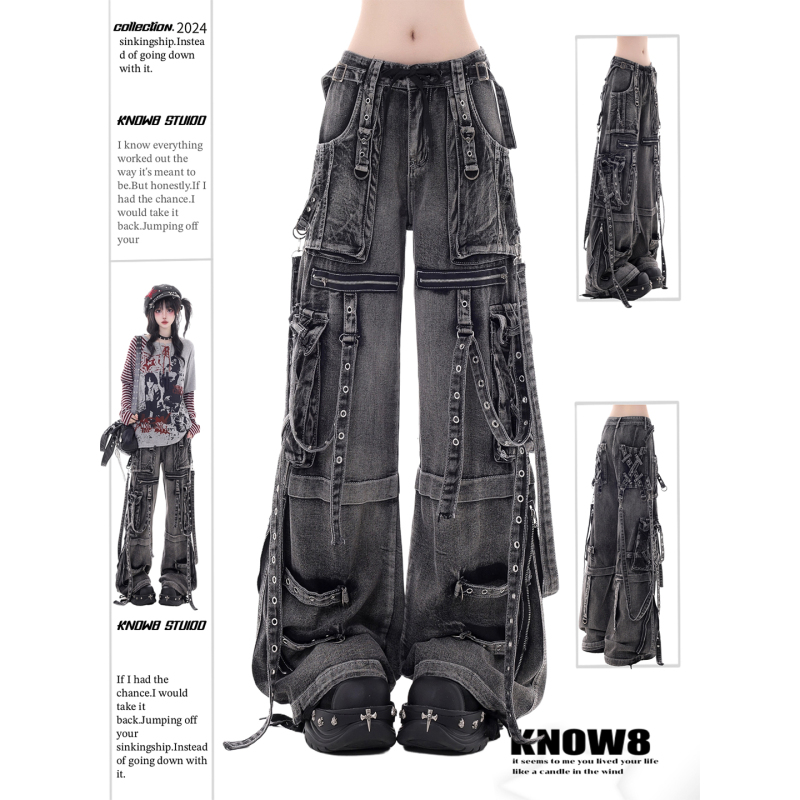 Know8 Dark Punk Heavy-Duty Distressed Jeans with Multiple Pockets, Workwear Style Wide-Leg Pants, Loose and Slimming Know8 Dark Punk Heavy-Duty Distressed Jeans with Multiple Pockets, Workwear Style Wide-Leg Pants, Loose and Slimming