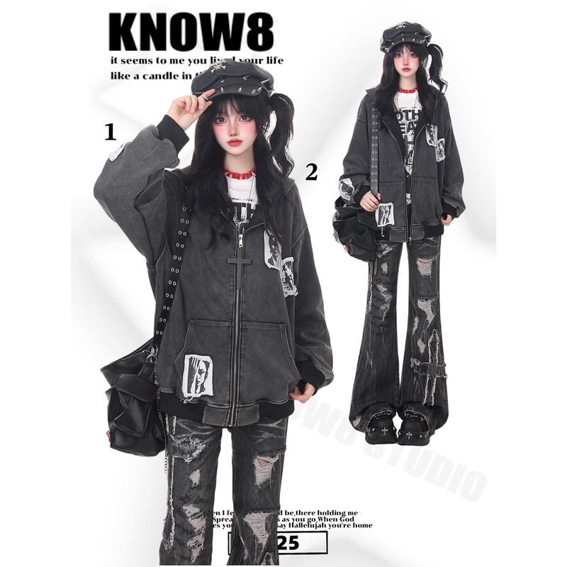 Know8 Light Vintage Style Patchwork Embroidered Hoodie Unisex Loose Washed Couple Hoodie Jacket Autumn