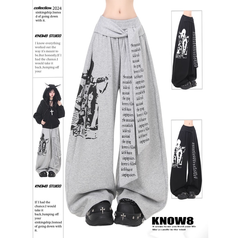 Know8 American Retro Cross Print Casual Pants for Women, Loose Straight Wide-Leg Floor-Length Dance Pants
