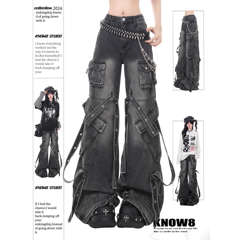 Know8 Original Punk-Style Jeans with Distressed Straps, Vintage Tassels, Pocket Wide-Leg Pants, Same Style as Wang Lujie