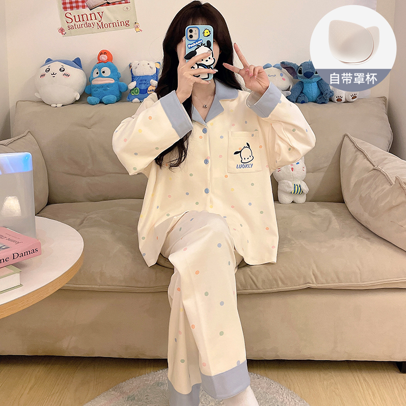 Pajamas with Breast Pads for Women, Spring and Autumn Style, Long-Sleeved 2026 New Style, Cartoon Cute and Sweet Autumn Thin Home Wear Set