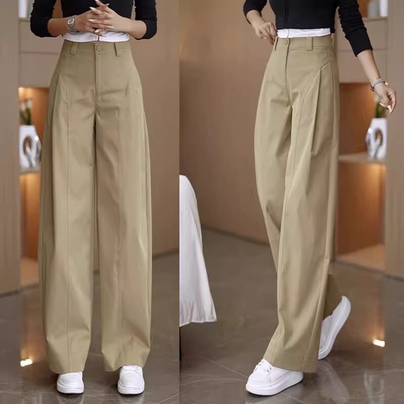 Khaki Wide-Leg Pants for Women, Spring 2026 New Trendy High-Waisted Casual Straight-Leg Knife-Cut Pants