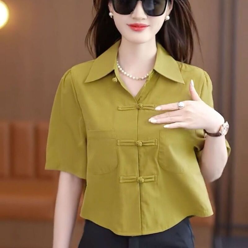 European Retro Chiffon Blouse for Women, Summer 2026 New Style, Chinese Style Button-Up Blouse, Puff Sleeve Short Top, Solid Color European Retro Chiffon Blouse for Women, Summer 2026 New Style, Chinese Style Button-Up Blouse, Puff Sleeve Short Top, Solid Color