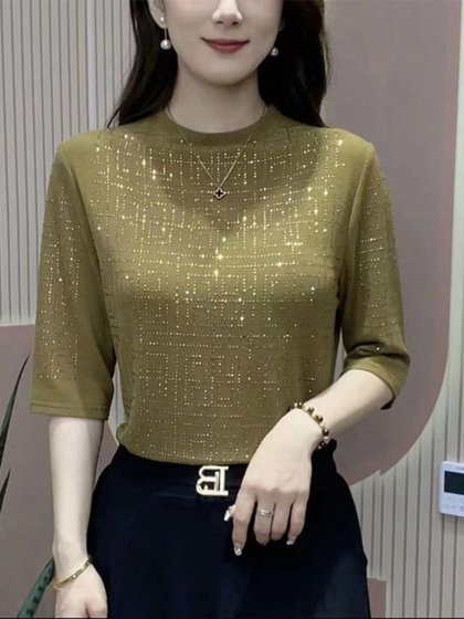 春秋新款2025圆领烫钻上衣洋气妈妈装减龄遮肉百搭中袖气质打底衫