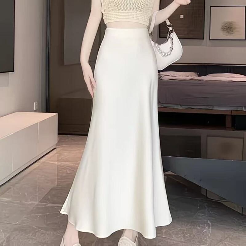 Satin Acetate Draped Skirt for Women, Summer High-End Elegant High-Waisted A-Line Ice Silk Mid-Length Hip-Hugging Fishtail Skirt