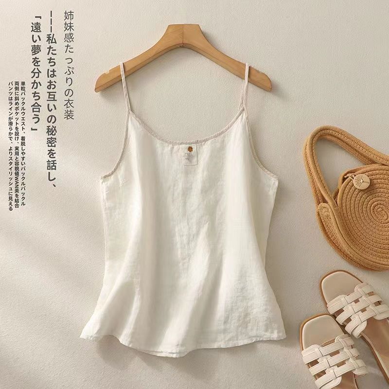 Foreign Trade Clearance, Retro Cotton and Linen Embroidered Summer Sling, Loose Sleeveless Pure Color Top, Thin Bottoming Vest