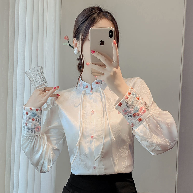 Chinese-Style Button-Down Shirt for Women, Spring 2026, Chinese-Style Jacquard Retro Stand-Up Collar Embroidered Long-Sleeve Top