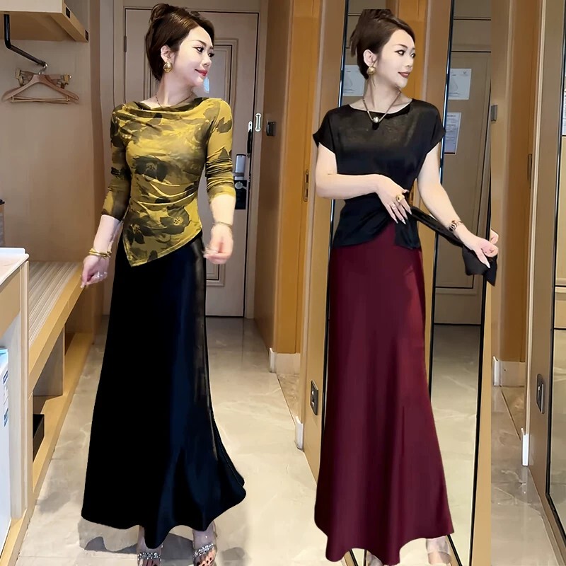 Black Acetate Satin Hip-Hugging Fishtail Skirt for Women, Summer 2026 New Style, High-End Drapey Elegant A-Line Skirt