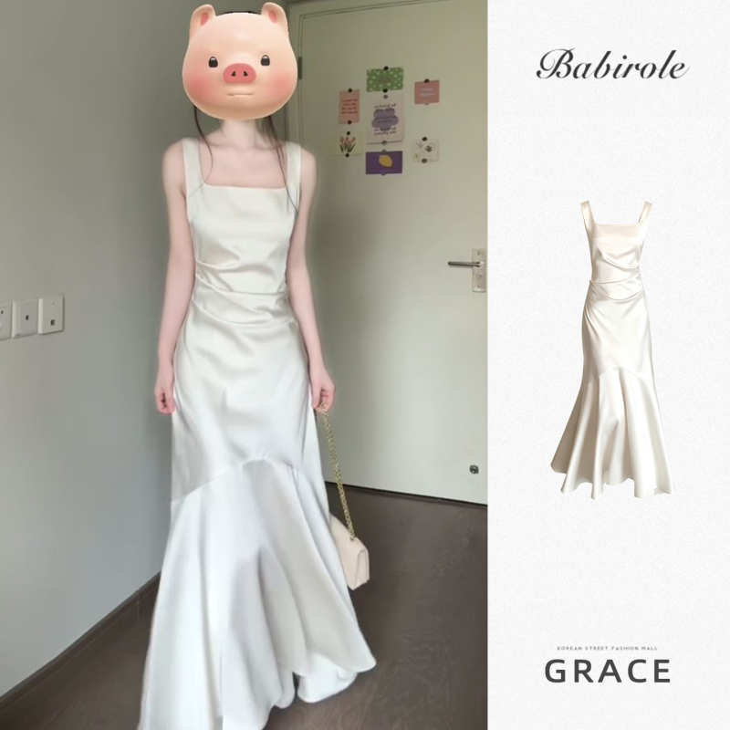 Summer French Hepburn-Style Retro White Satin Spaghetti Strap Dress, Absolutely Stunning and Beautiful, Cinched Waist Acetate Fishtail Long Dress Summer French Hepburn-Style Retro White Satin Spaghetti Strap Dress, Absolutely Stunning and Beautiful, Cinched Waist Acetate Fishtail Long Dress