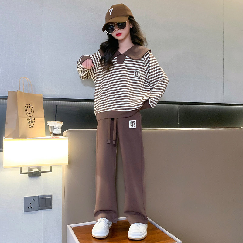 Girls suit Spring and autumn models 2024 new women's great children foreign air autumn casual striped sweatshirt children two sets of tide-Taobao