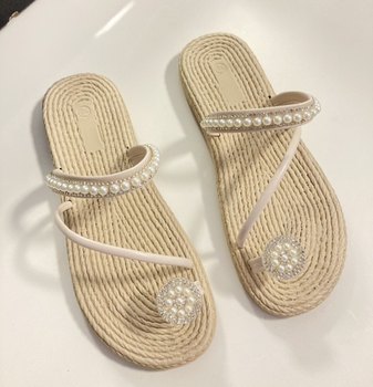 Yunnan ethnic style summer sandals flat sandals set toe pinch shoes Roman pearl sandals dress matching shoes