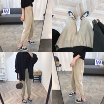 Big cute spring and summer new How to wear not tired of swag elastic waist tooling pocket solid color nine-point casual pants for women
