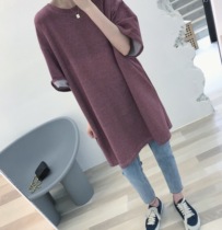Big cute spring and summer new comfortable enough to want to wear it all the time~ Western style loose long round neck striped T-shirt women
