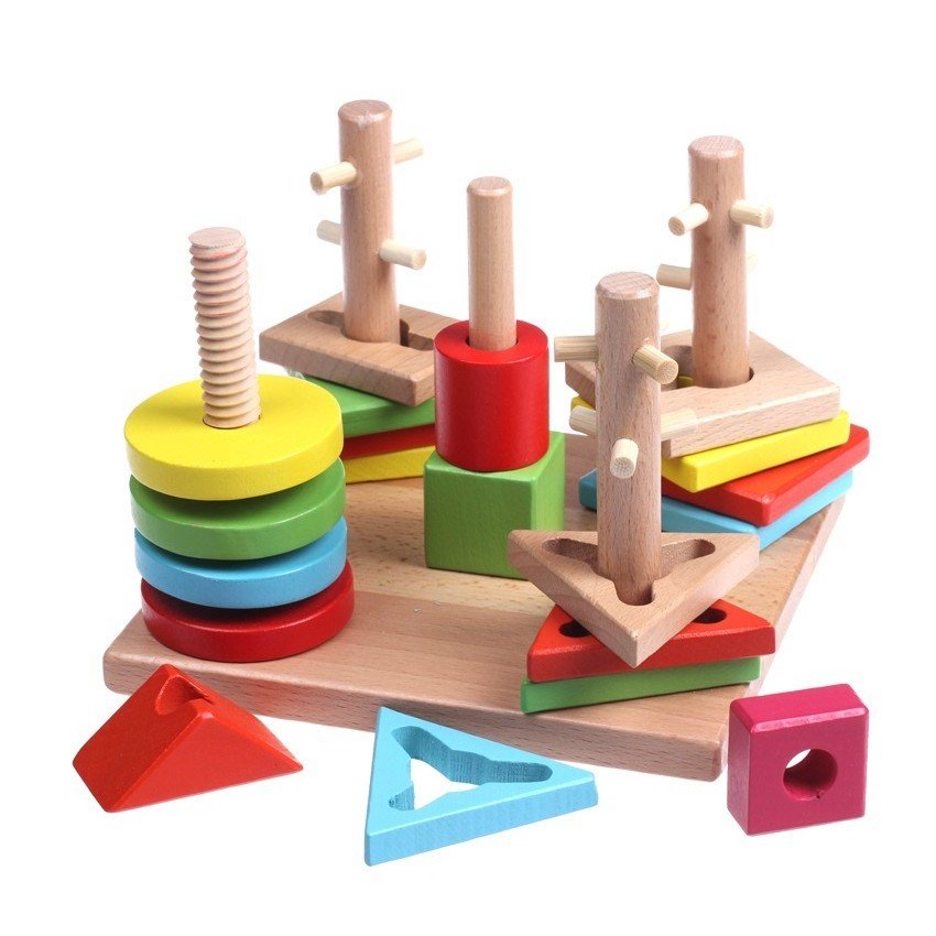 Wooden baby geometric shape paired with five sets of column building blocks puzzle male girls' more intellectual toys 1-2-3-4 years old