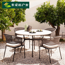 Outdoor table and chairs patio garden waterproof sunscreen outdoor square rock plate Table Rattan Chairs Combined Balcony Casual Table and chairs