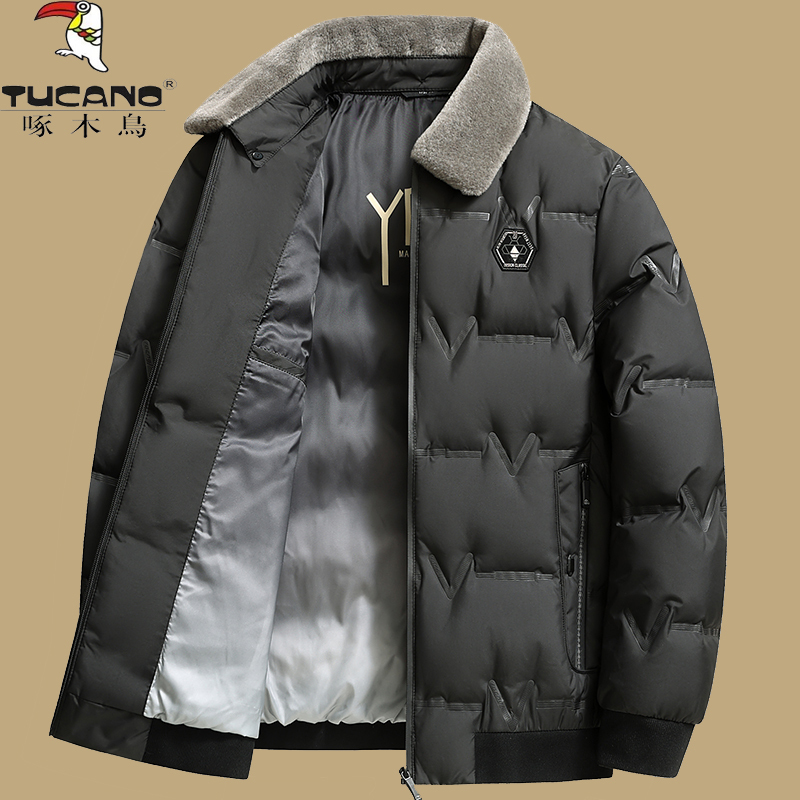 Woodpecker Winter down Jacket for Men, Thickened with Lamb Fur Collar, Short Style, White Duck Down, Winter Coat for Middle-Aged and Elderly Fathers