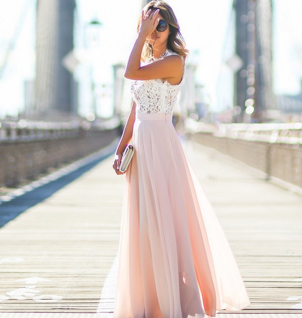 sleeveless lace stitching chiffon long dress NSYF47048