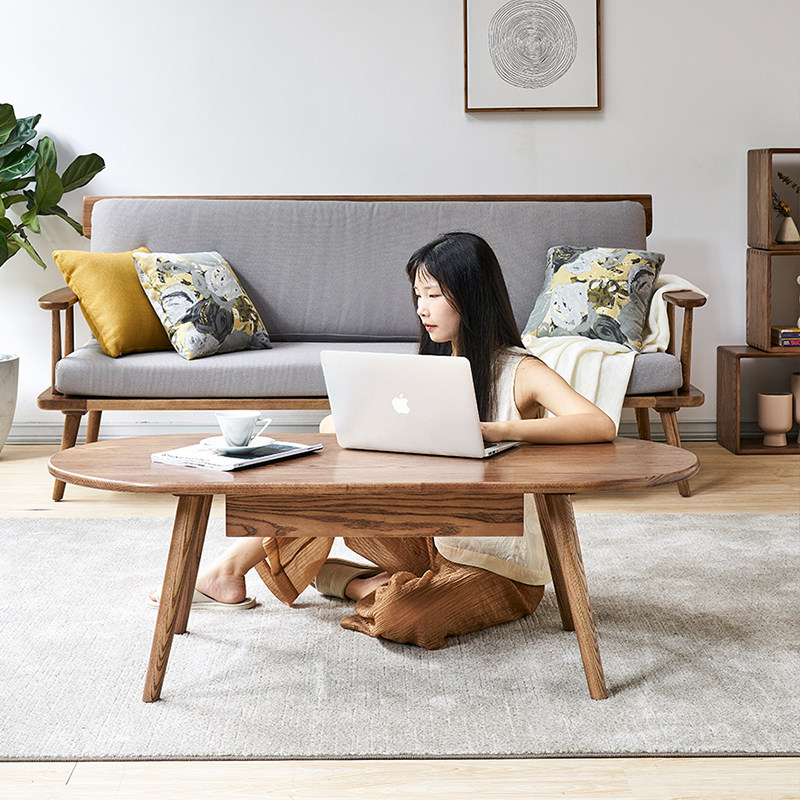 Solid wood tea table oval Nordic style small family tea machine minimalist small table white wax wood tea table living room Home-Taobao