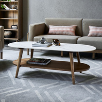 Nordic solid wood rock board coffee table TV cabinet combination double-layer simple small apartment living room Oval ash tea table