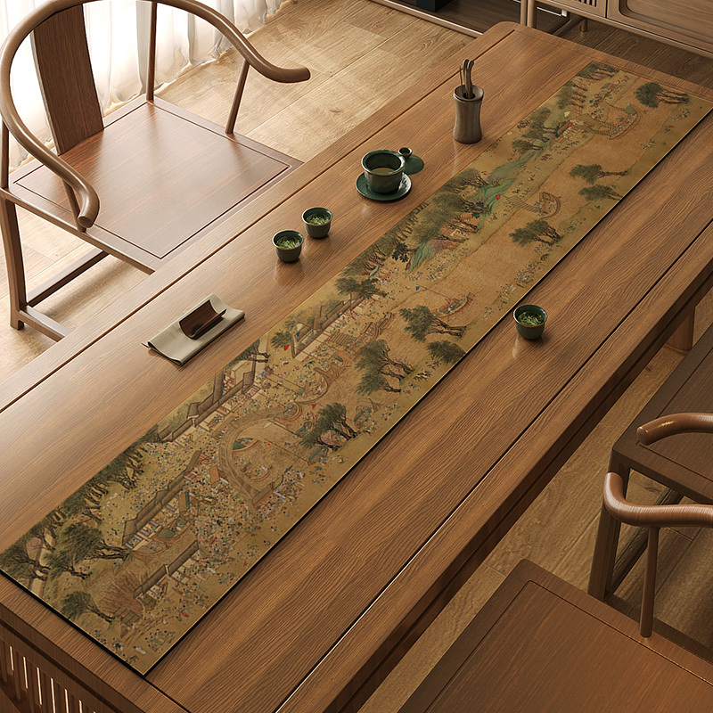 High-End Qingming Riverside Scene Tea Mat, Tea Table Runner, Long Strip Cloth for the Center of the Table, Absorbent Tea Towel, Artistic and Sophisticated Feel