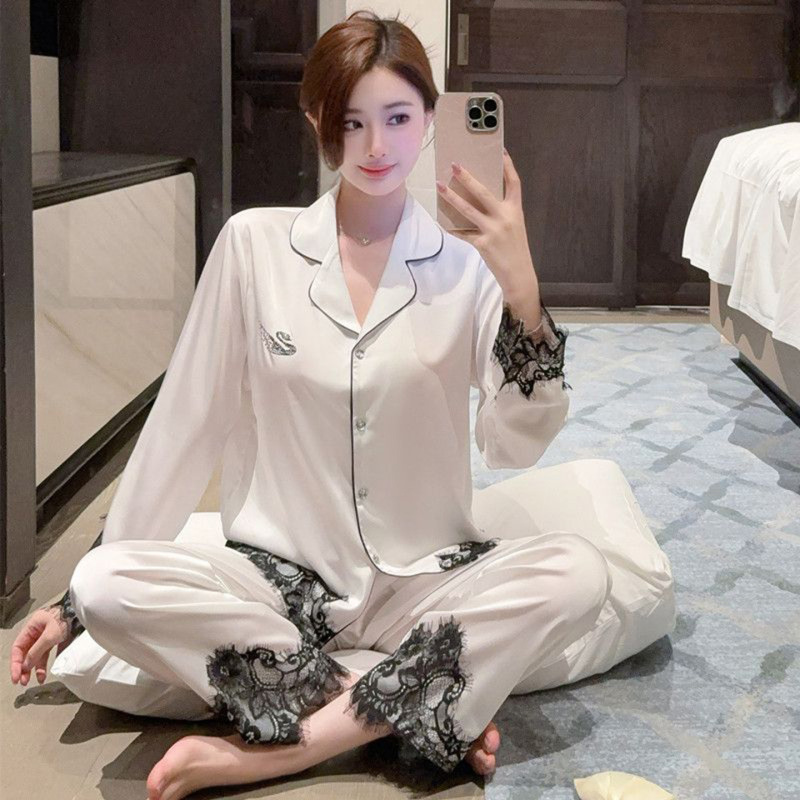 Ice Silk Pajamas for Women, Spring and Autumn Style, Long-Sleeved and Long Pants, 2026 New Model, High-End Lace with Rhinestones, Light Luxury Loungewear Set