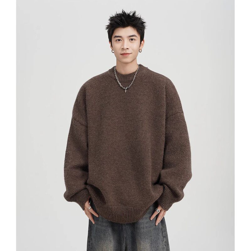 American Retro Coffee-Colored Round-Neck Sweater for Men, Autumn and Winter Solid Color Versatile Long-Sleeve Casual Lazy Pullover Knitwear American Retro Coffee-Colored Round-Neck Sweater for Men, Autumn and Winter Solid Color Versatile Long-Sleeve Casual Lazy Pullover Knitwear