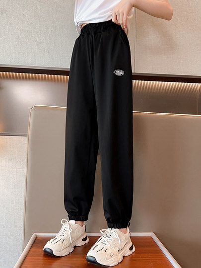 Летние тонкие брюки для девочек, черные летние брюки из ледяного шелка с защитой от комаров для девочек постарше, быстросохнущие брюки, детские брюки-джоггеры.